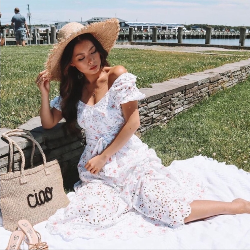 LoveShackFancy White Floral Midi Dress